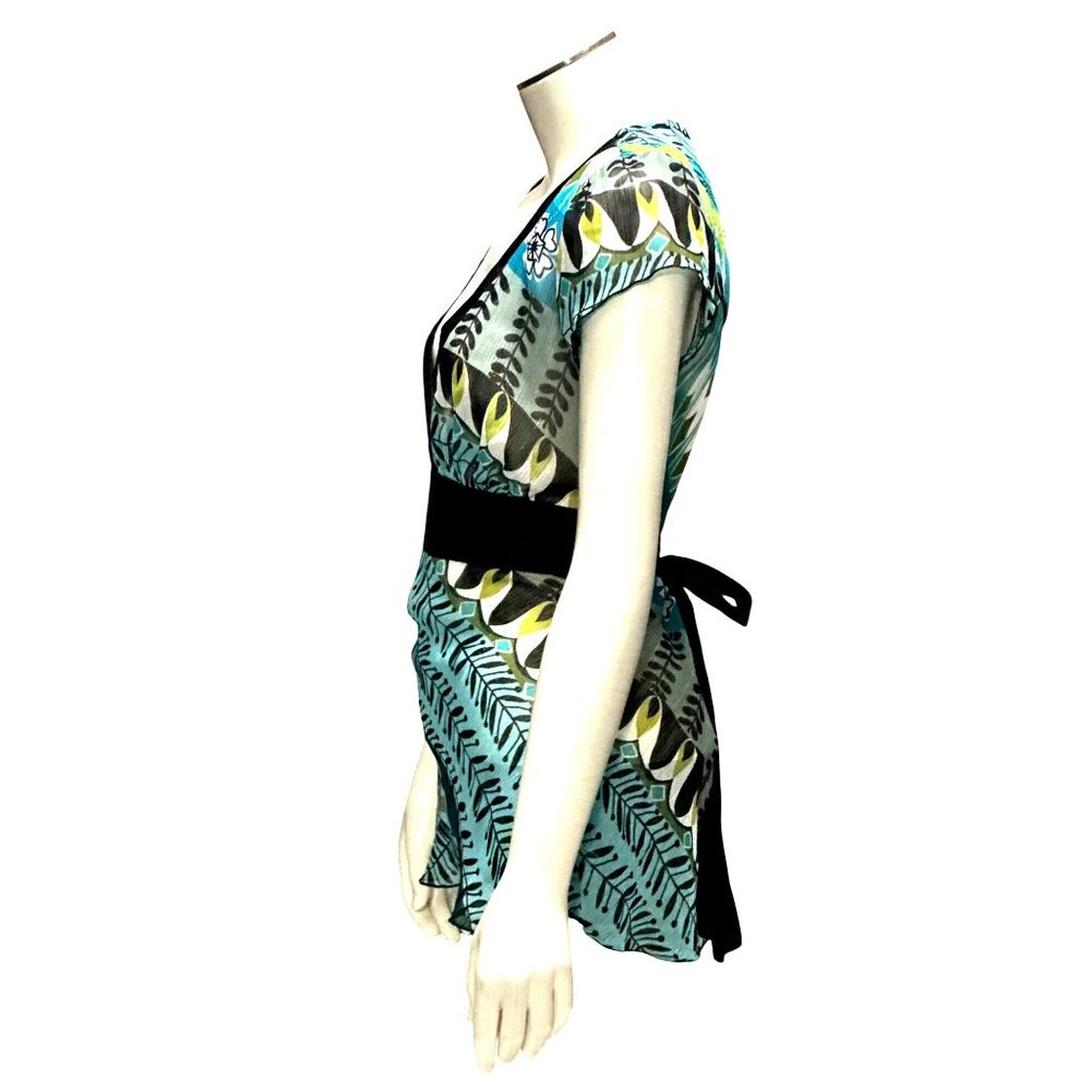 Wrapper Size Sm Teal Black Statement Print Deep V Wrap Tie Waist Peplum Top Chic - Picture 5 of 10